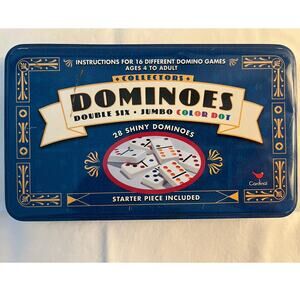 Cardinal Collectors Tin Double Six Jumbo Color Dot Dominoes Incls Mexican Train